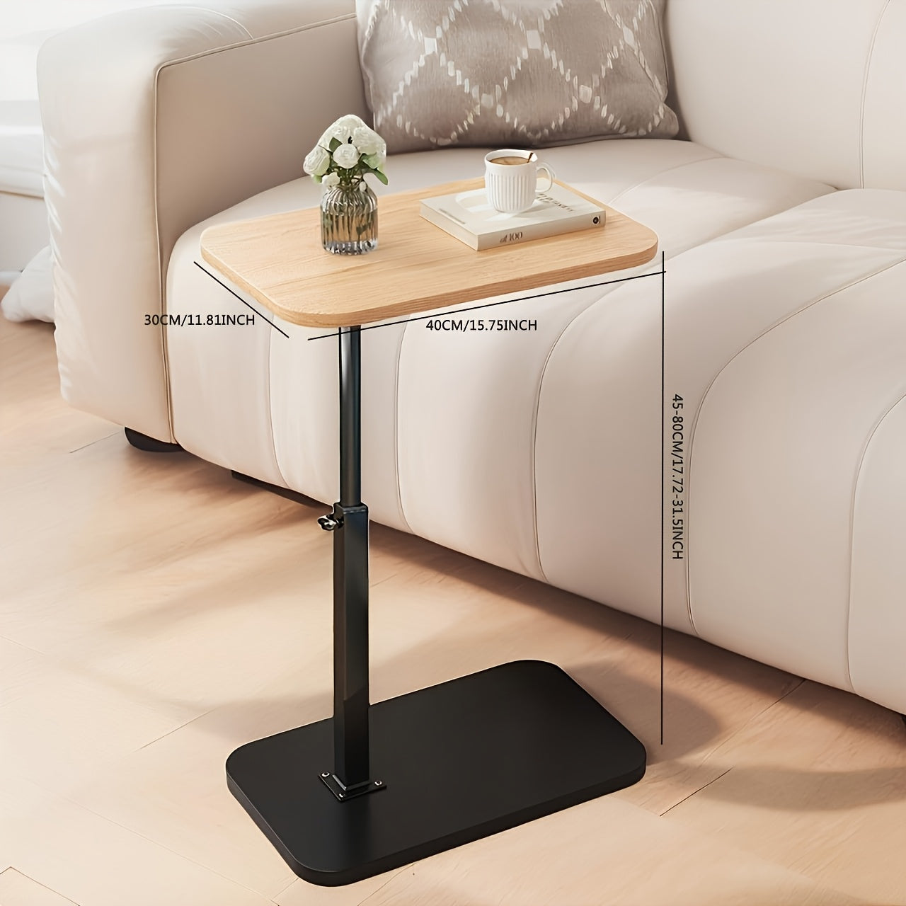 Adjustable Height Wooden Top Metal Frame Side Table for Living Room or Bedroom