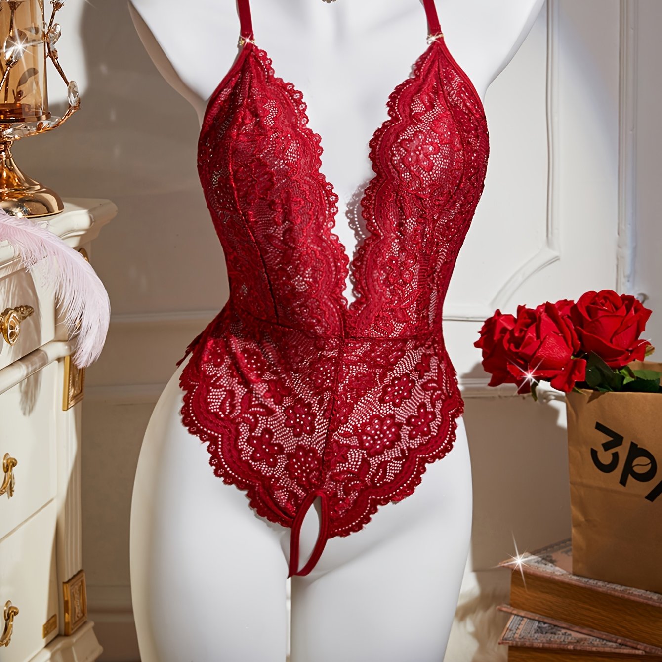 Women's Lace Bodysuit Deep V-Neck Open Crotch High Waist Lingerie