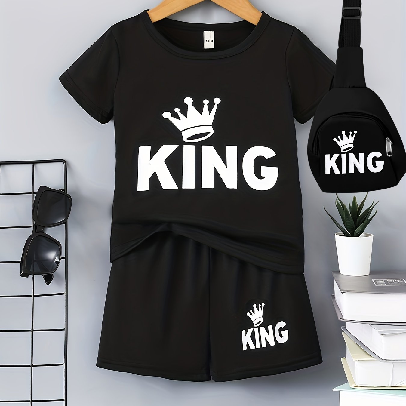 Boys' Casual Outfit Set Black "KING" Crown Print Polyester T-Shirt Shorts Crossbody Bag Spring Summer