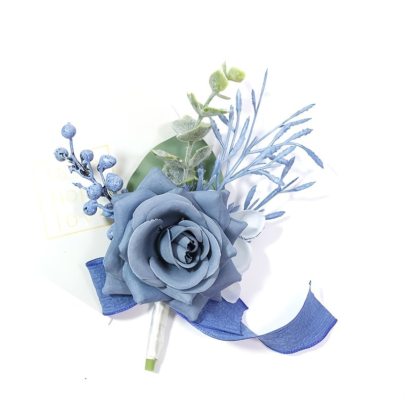 Fabric Rose Corsage Pin with Blue Floral Design and Green Leaves for Weddings and Parties