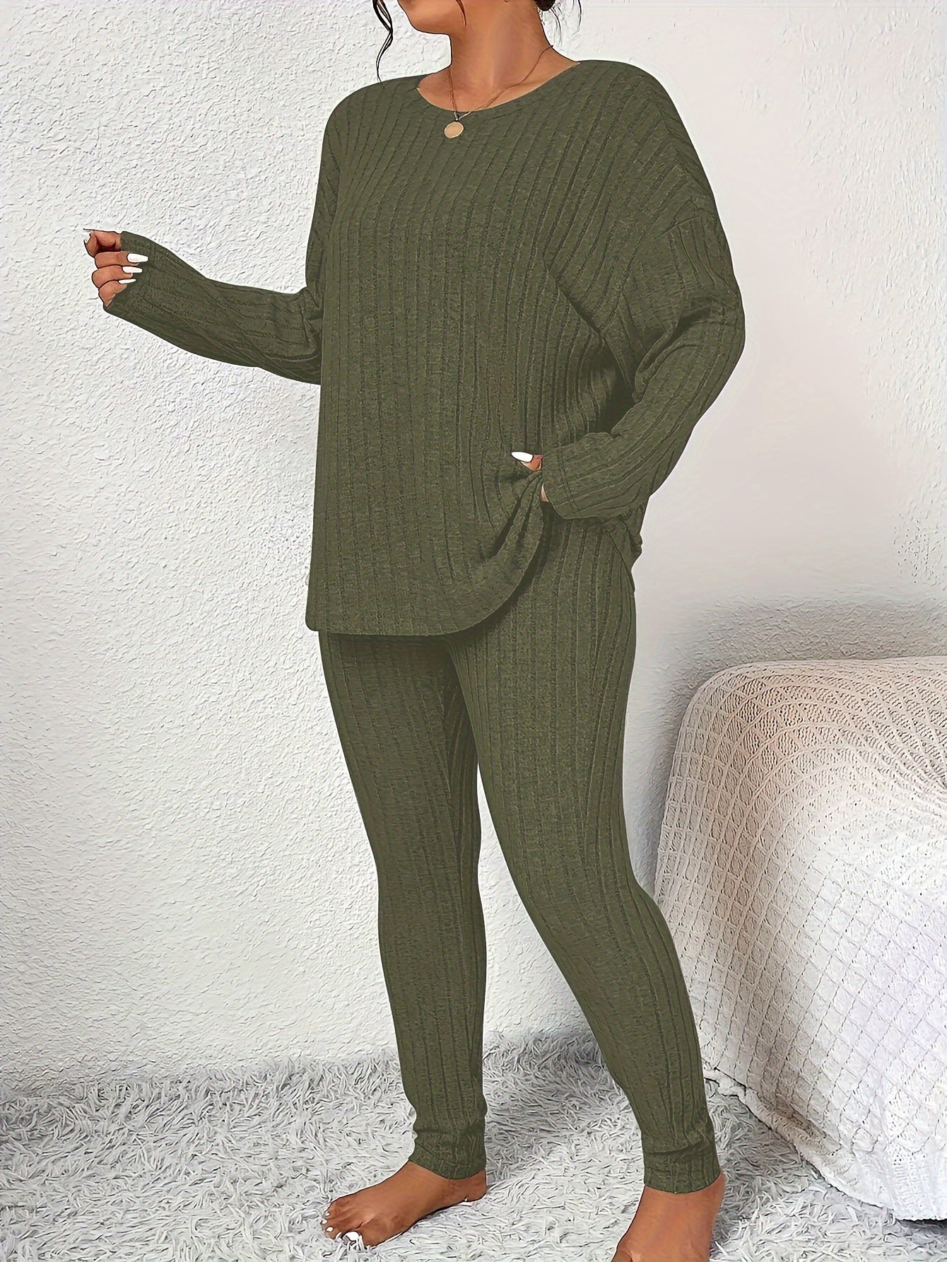 Women's Large Ribbed Autumn Winter Home Wear Casual Set