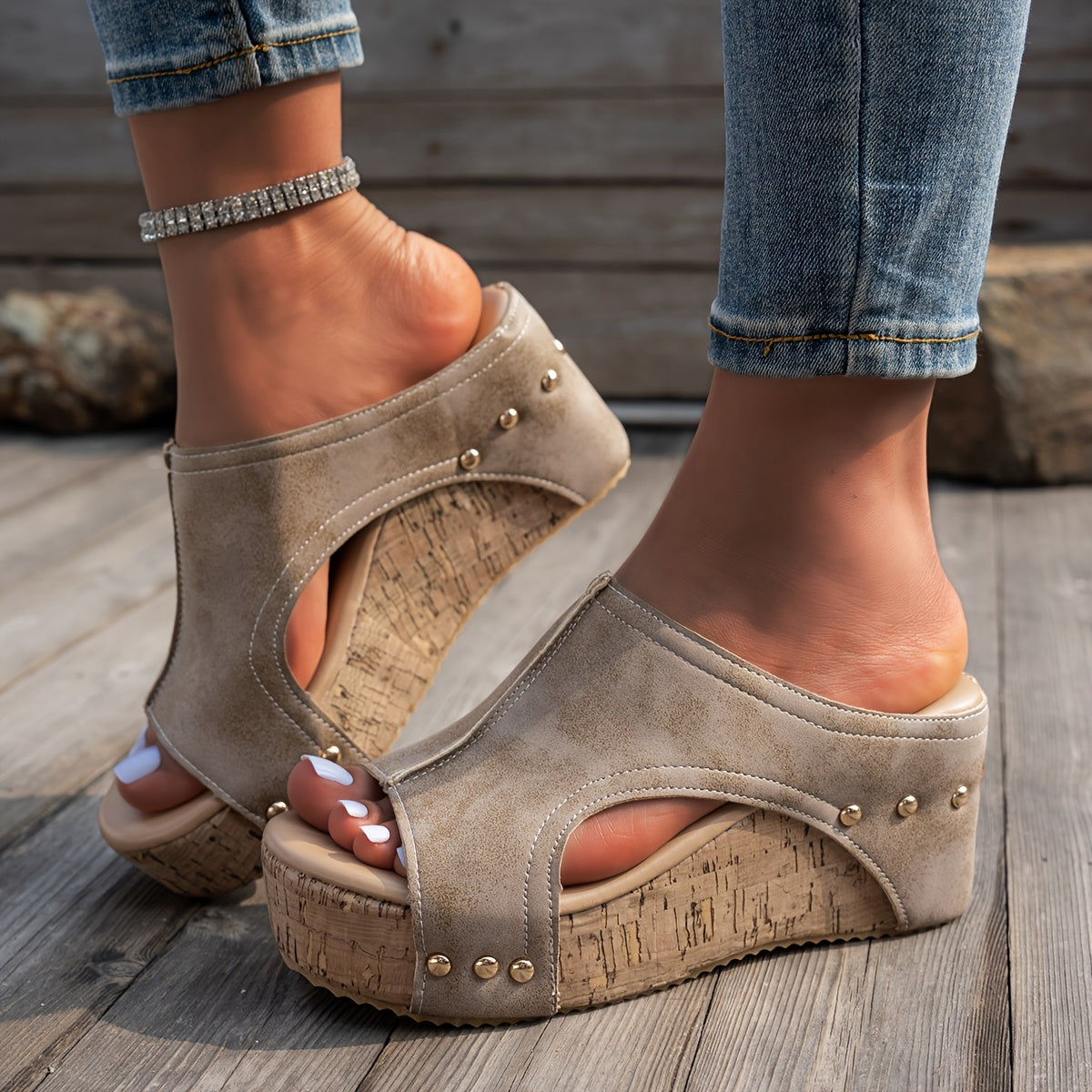 Women's Faux Leather Wedge Sandals Open Toe Slip-On Platform Shoes