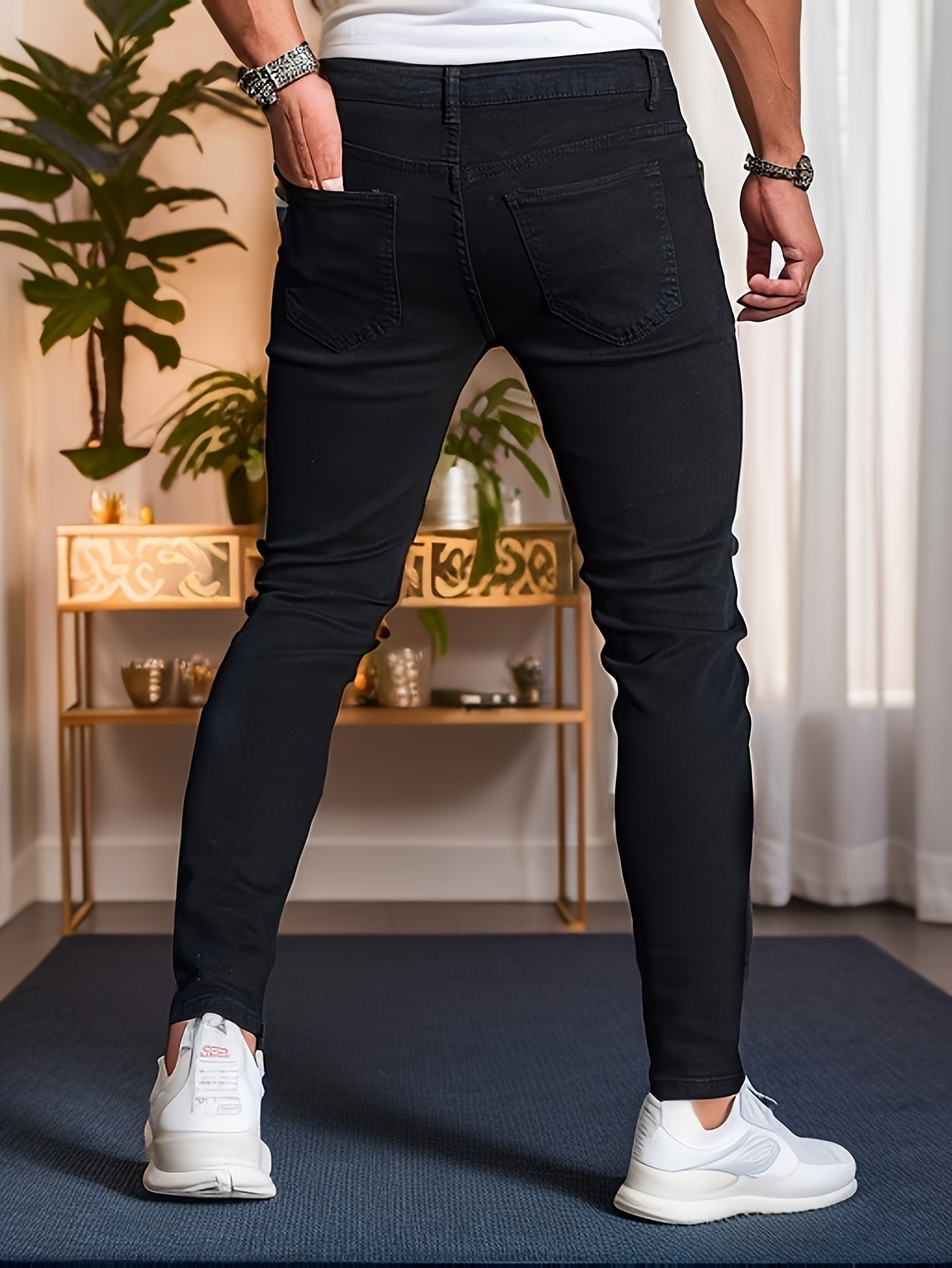 Мужские узкие джинсы с умеренным растяжением из однотонного денима в стиле casual street