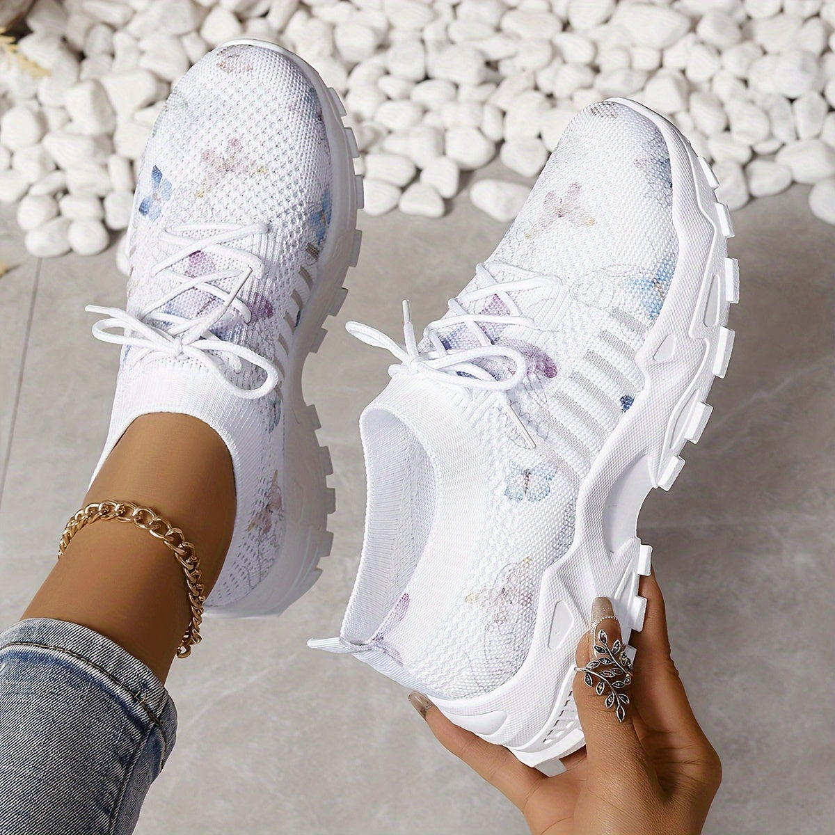 Women's White Breathable Running Sneakers with Pastel Purple Blue Accents