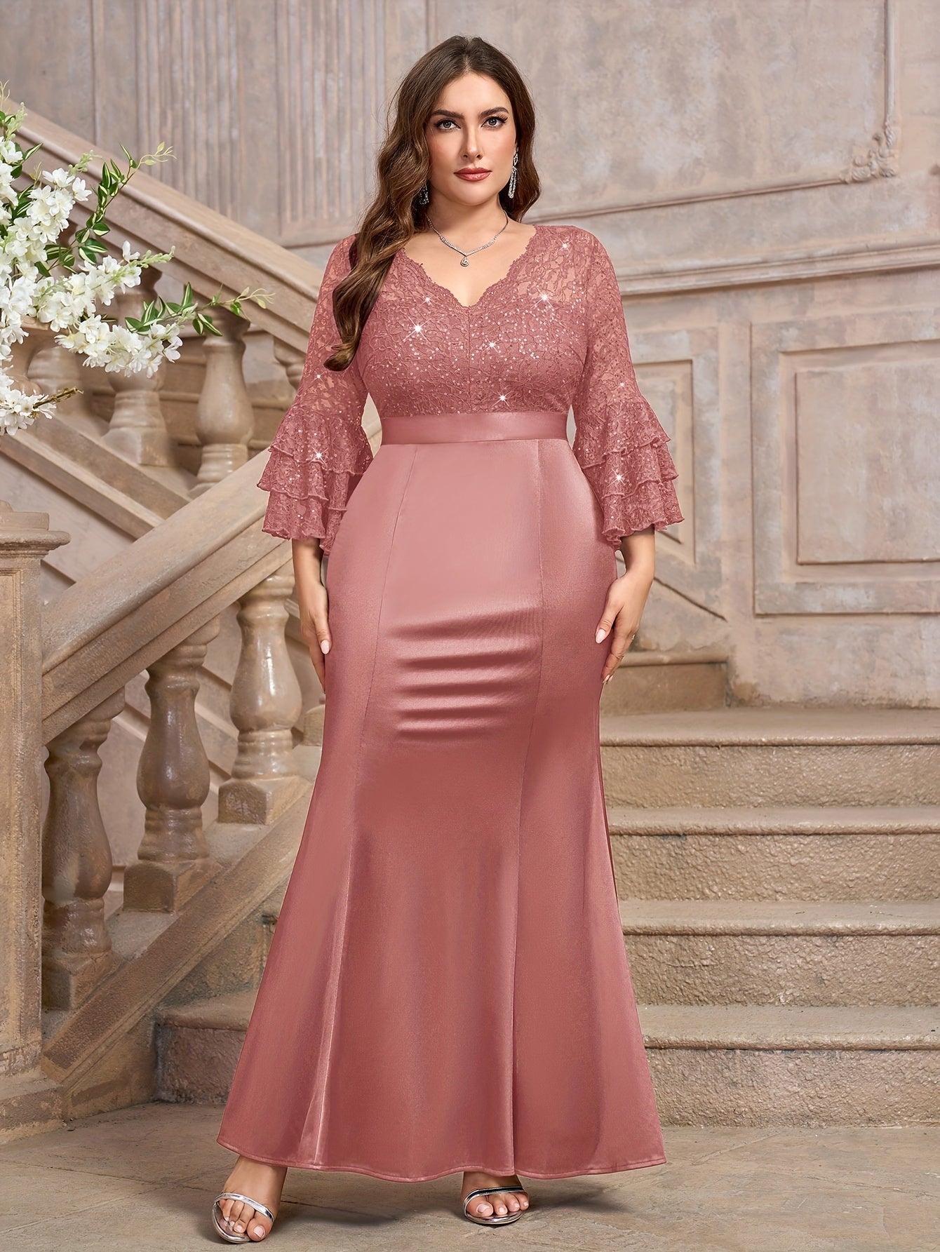 Plus Size V-Neck Sequin Lace Mermaid Dress for Weddings and Parties Navy Blue