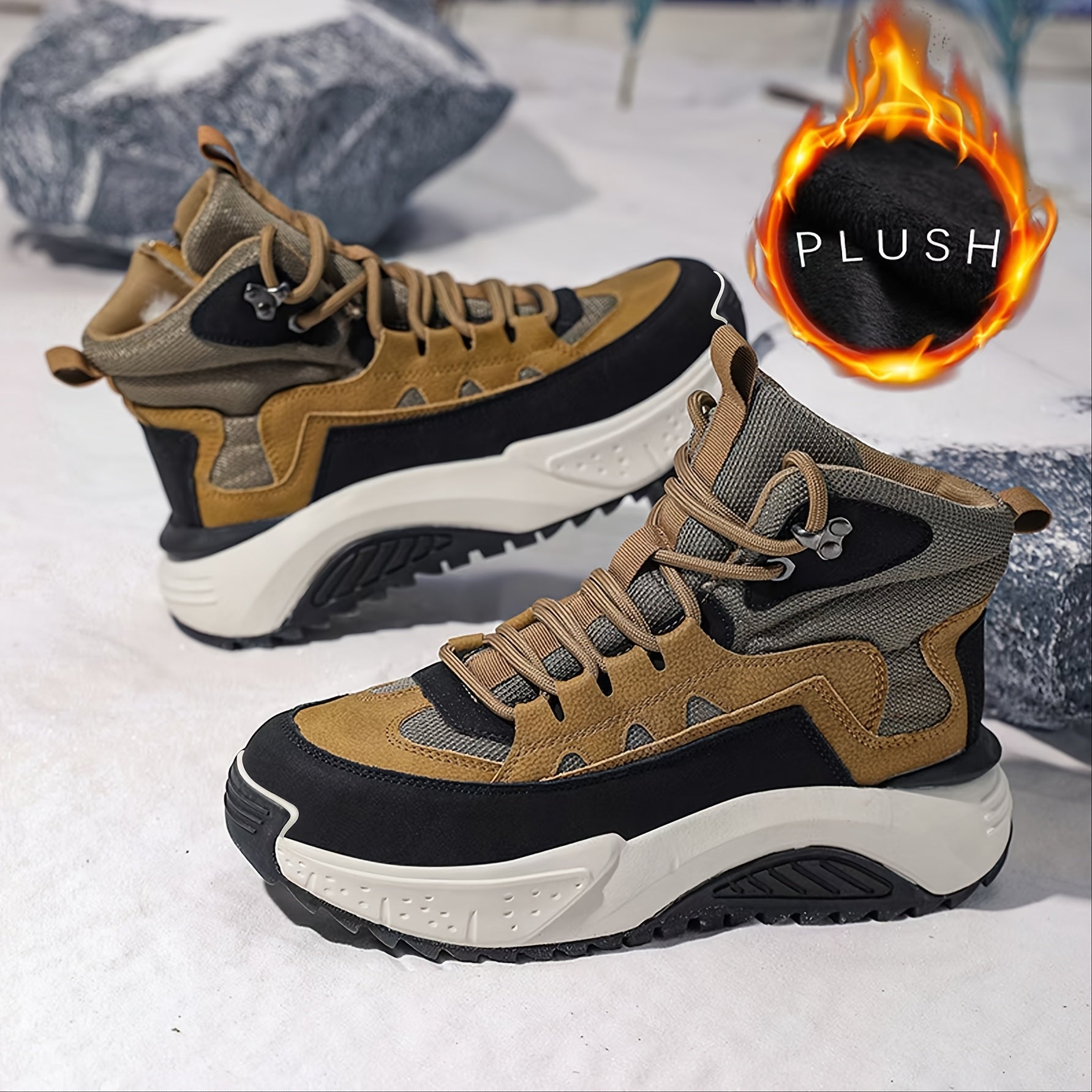 Botas de nieve vintage para hombre con parte superior de imitación, forro de felpa, casuales, de senderismo, impermeables