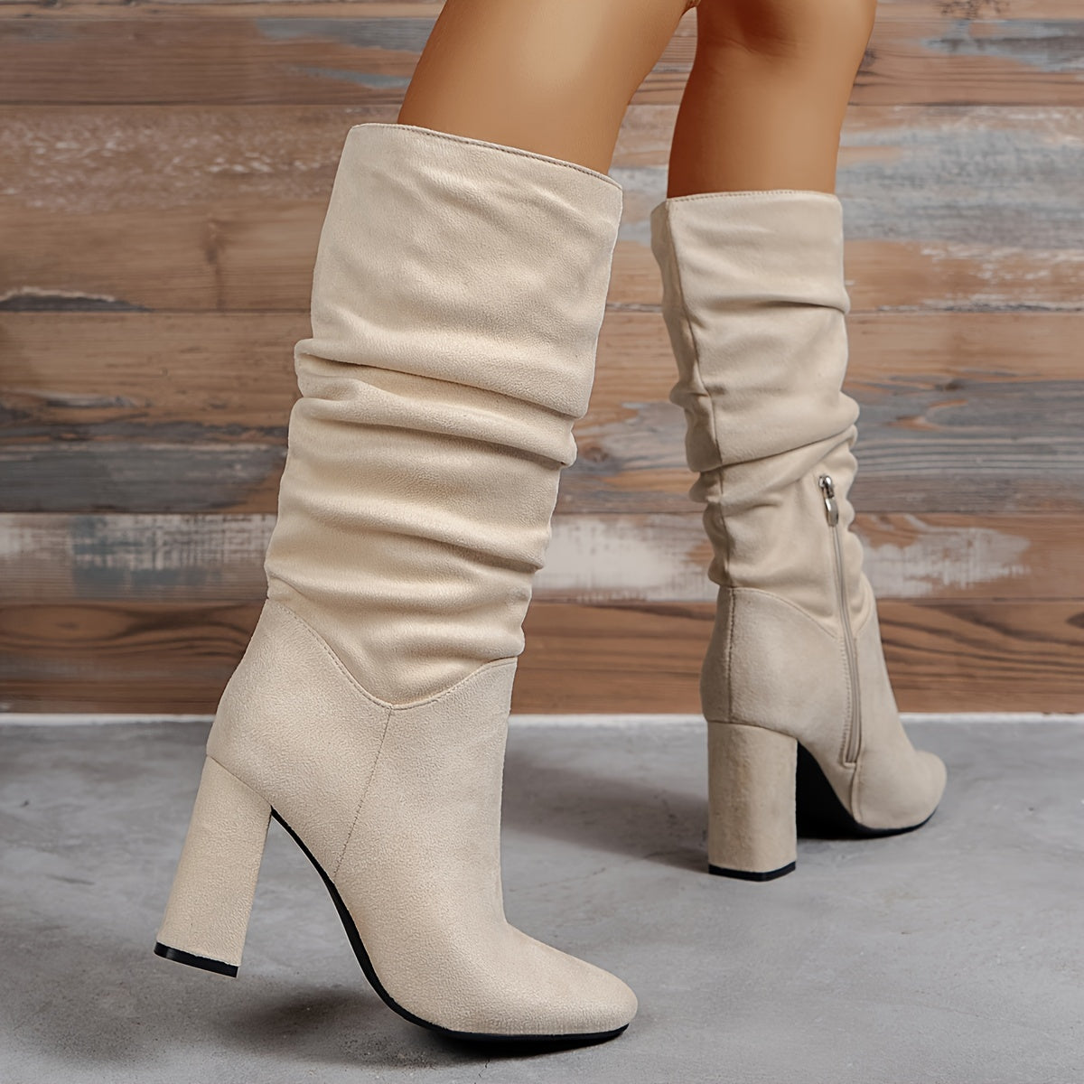 Women's Beige Mid-Calf Boots With Side Zipper and Chunky Heel