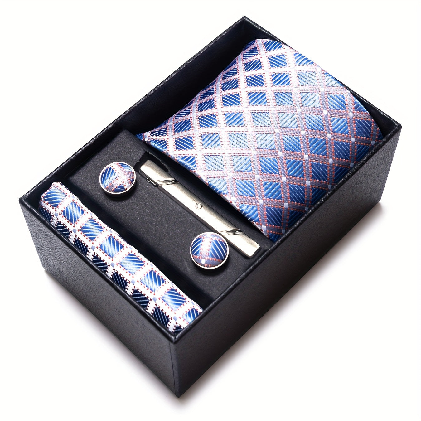 Men's Plaid Tie Set with Pocket Square Cufflinks and Tie Clip in Gift Box