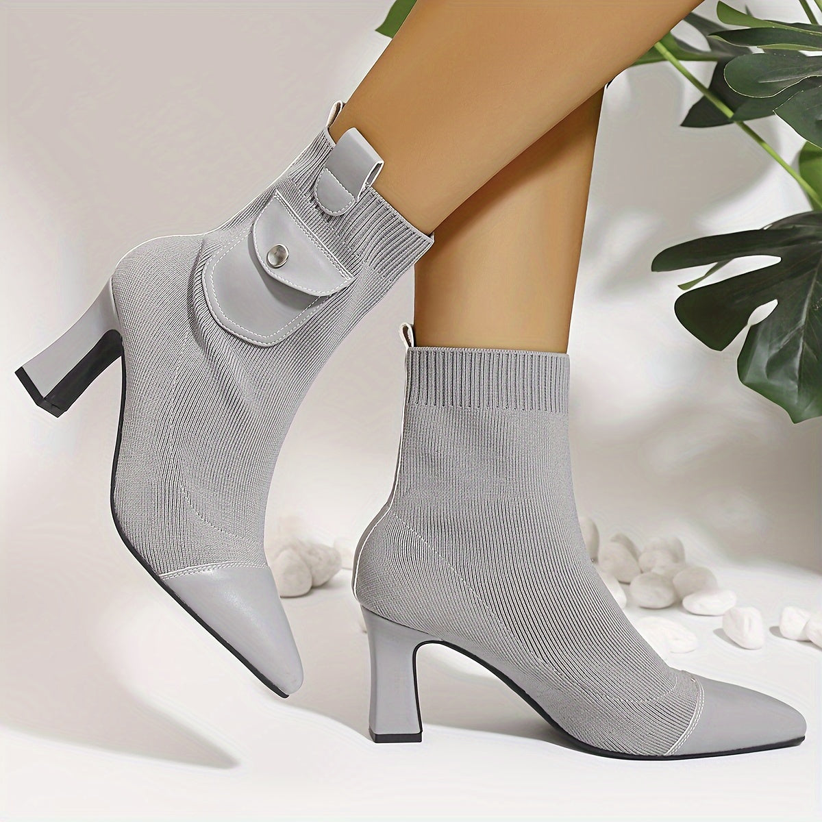 Women's Solid Color Pointed Toe High Heel Ankle Boots with Elastic and Thick Heels