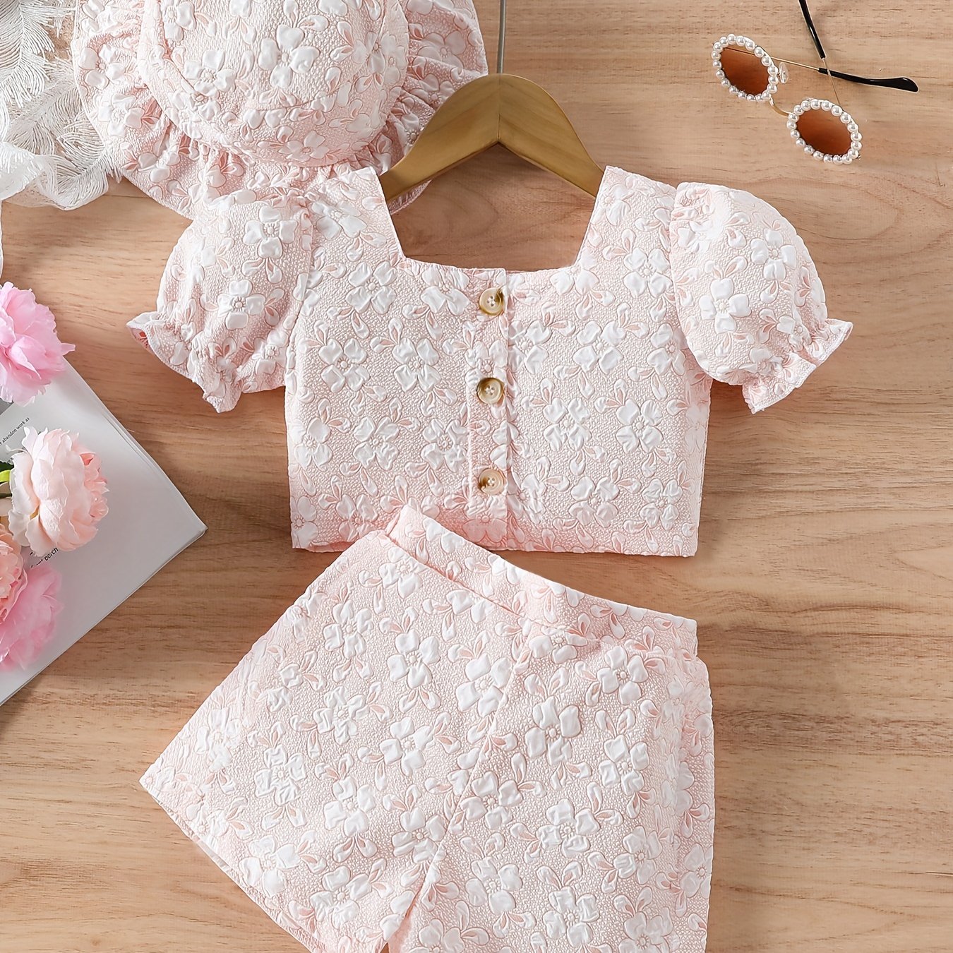 Baby Girls Summer Outfit Floral Jacquard Puff Sleeve Crop Top Shorts Hat Casual 12 Months