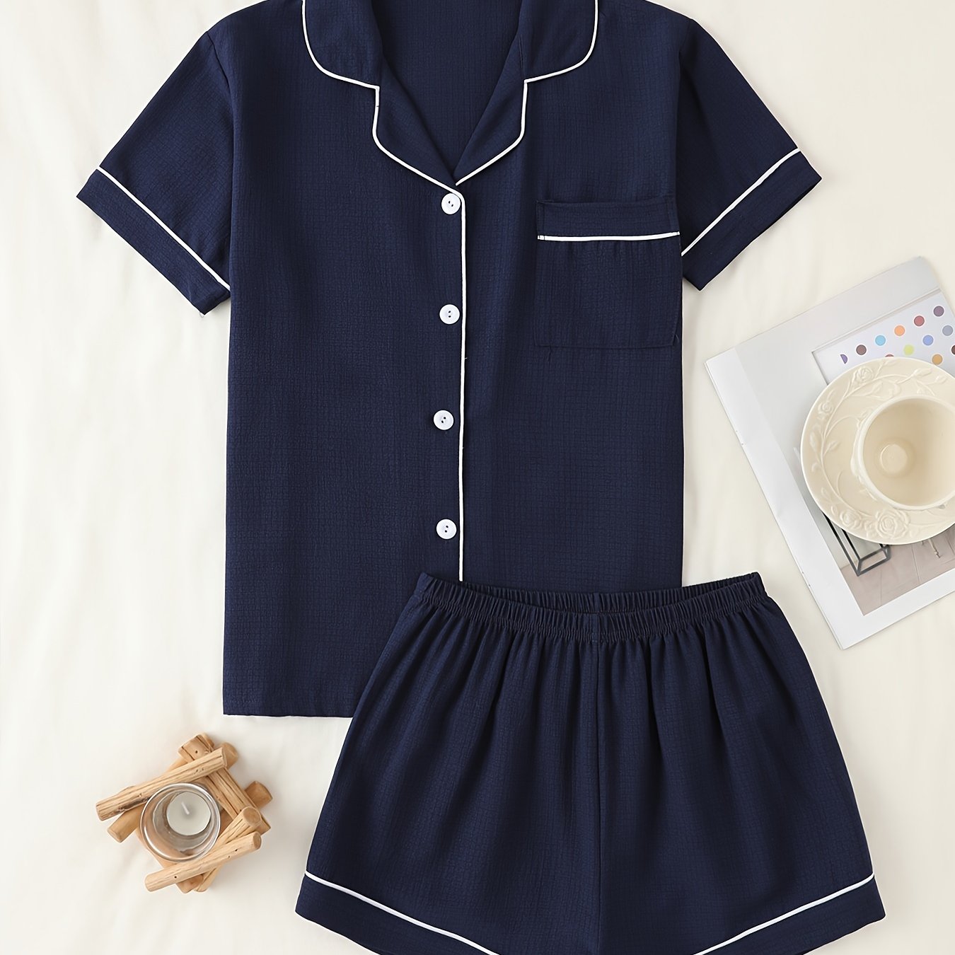 Women's Summer Pajama Set Short Sleeve Button-Up Top with Lapel Collar and Elastic Shorts