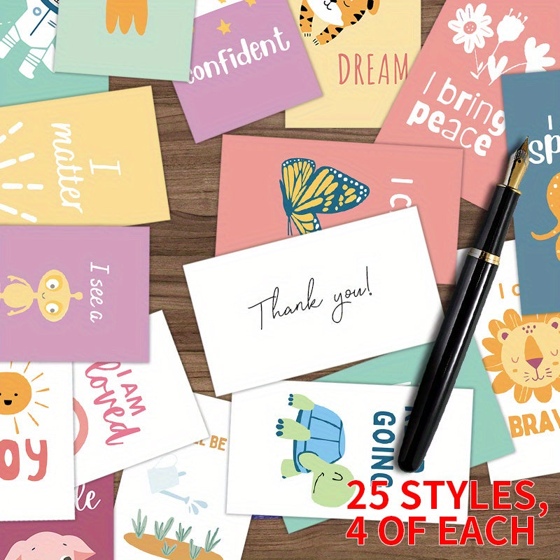 Set of 100 Inspirational Affirmation Cards with 25 Unique Designs for Encouragement and Gratitude