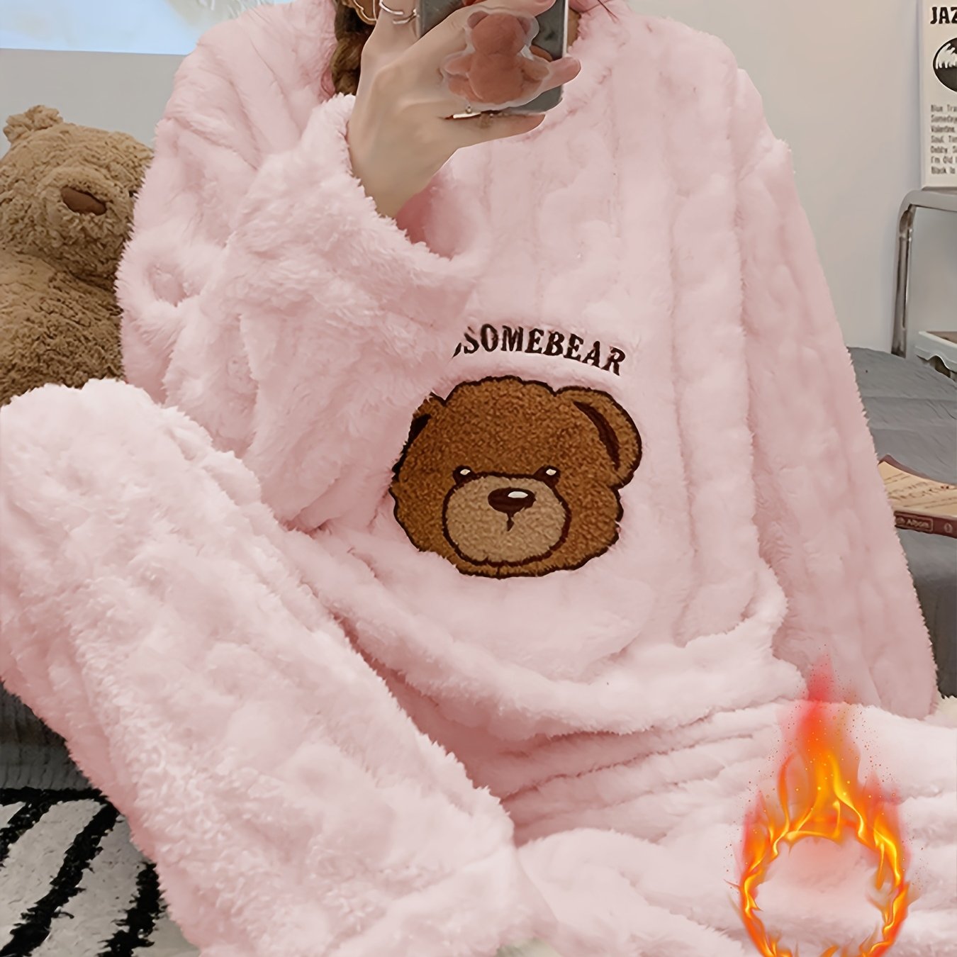 Пижама из фланели для женщин больших размеров с вышивкой медведя, длинный рукав, зимняя одежда для сна