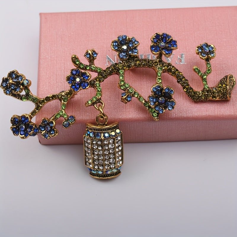 Vintage Silver Tone Plum Blossom Brooch with Rhinestone Details for Women