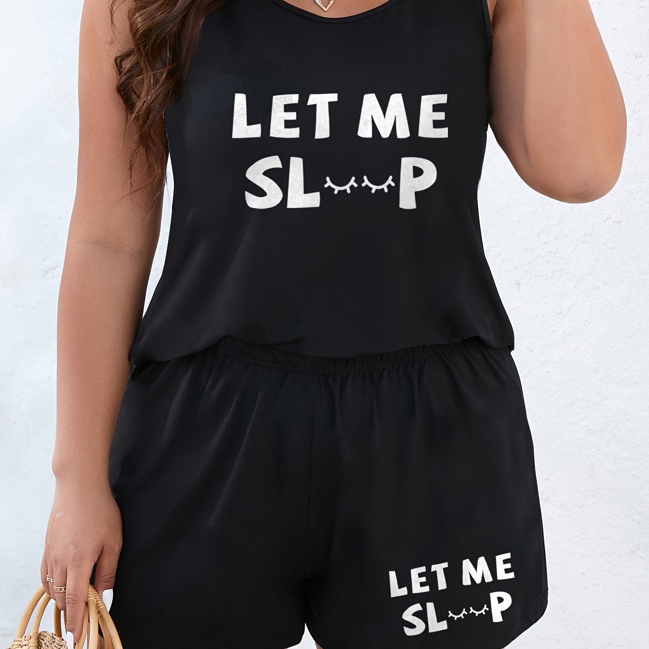 Women Plus Size Pajama Set Round Neck Letter Print Comfortable Sleepwear