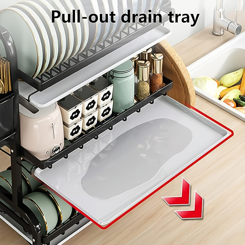 Modern 3-Tier Metal Dish Rack with Drainboard Utensil Holder and Cup Stand