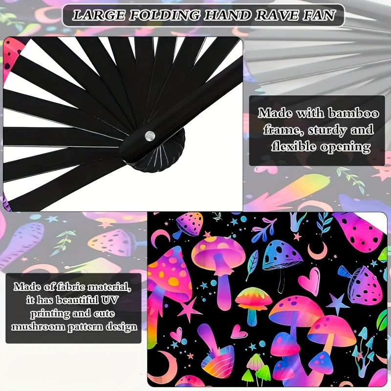 Bamboo Hand Fan with UV Glow Mushroom Design for Festivals and Raves