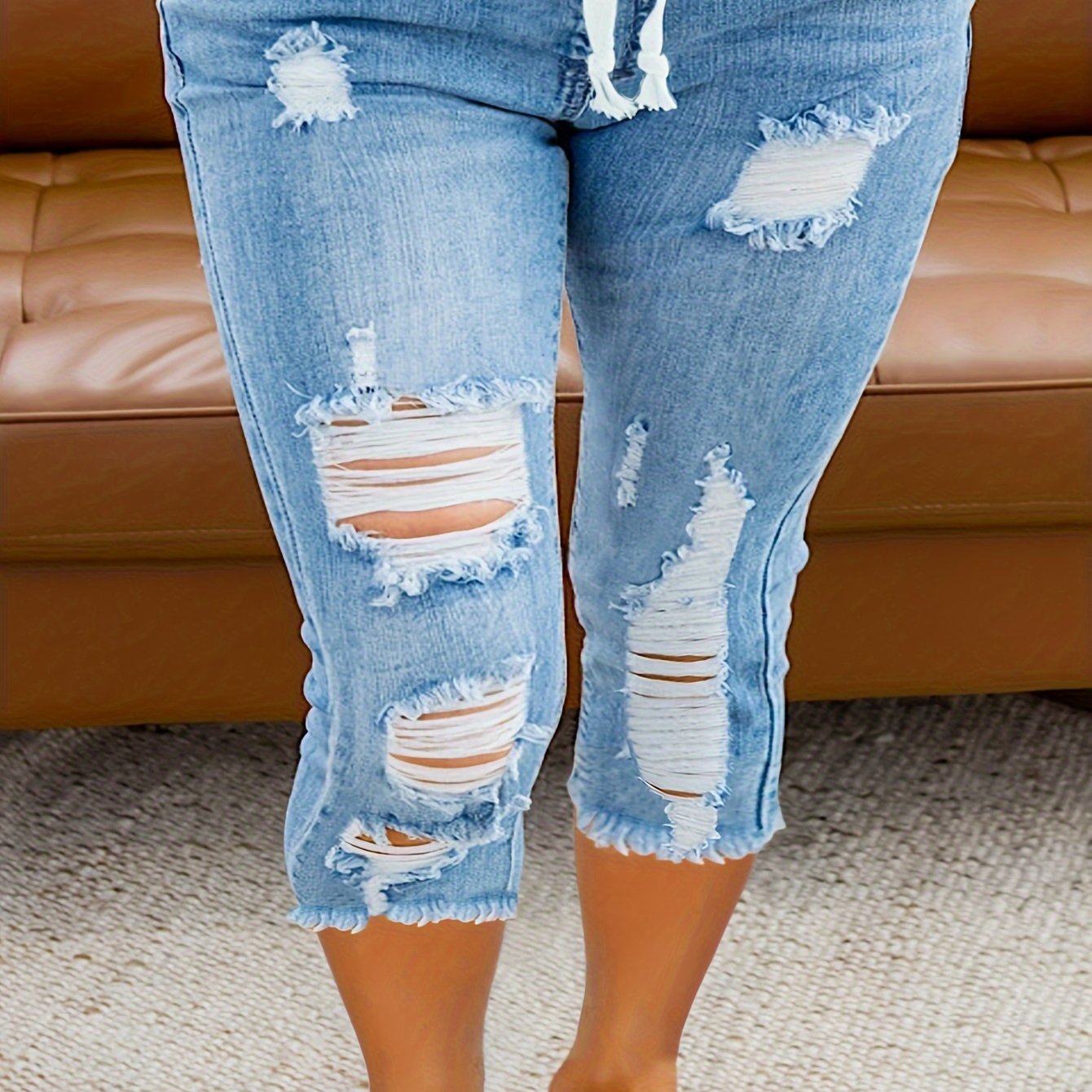 Plus Size Denim Capri Pants Ripped Raw Hem Blue Elastic Waist Jeans for Women