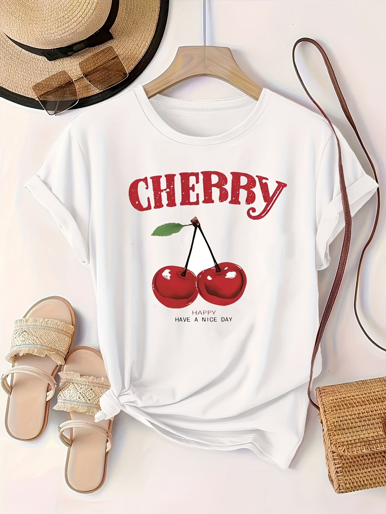 Women's Plus Size White Casual Sporty T-Shirt with Cherry Print