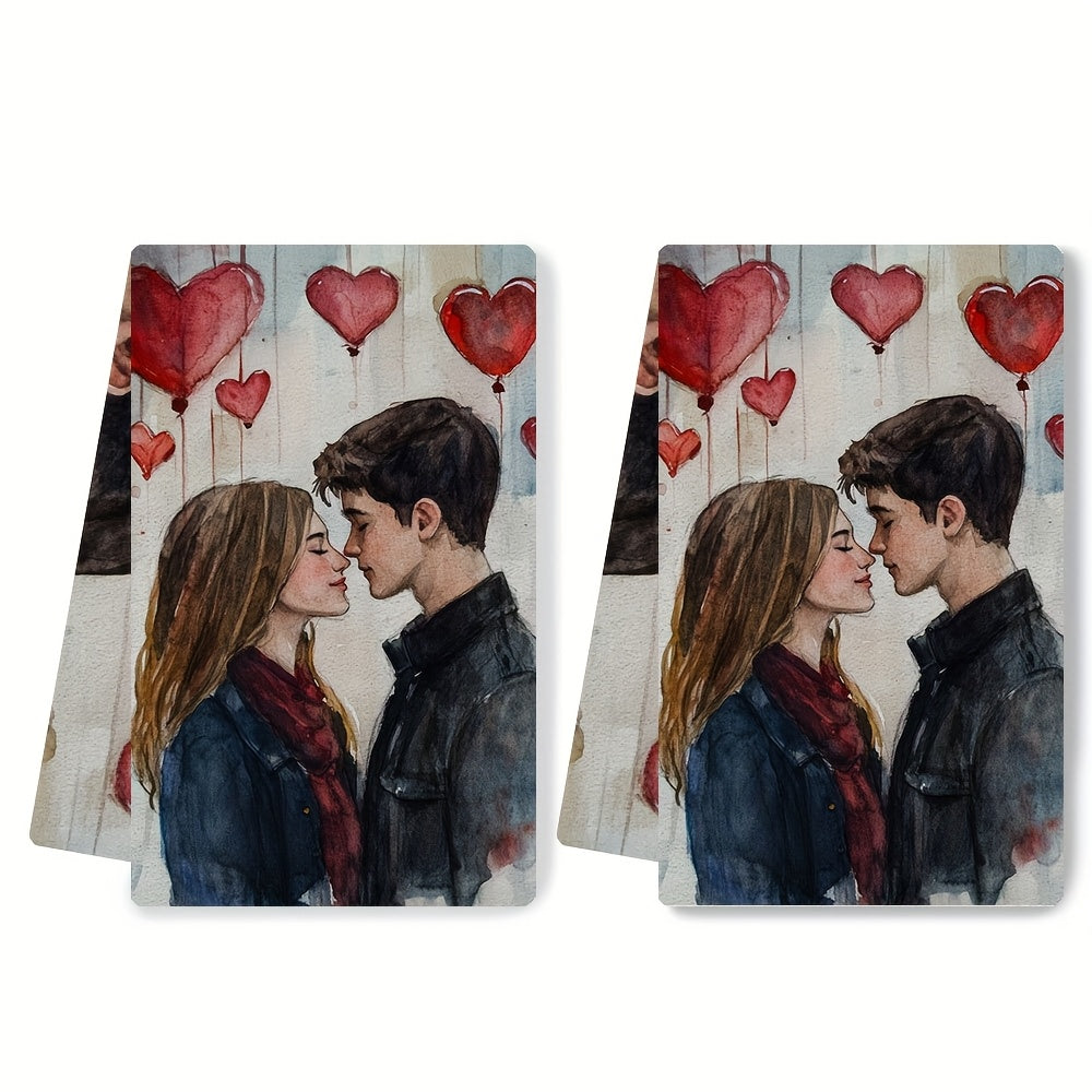 2 ta Ultra Soft oshxona sochiqlari to'plami - Yosh sevgililar bilan romantik Valentin kuni mavzusi, a'lo darajada oson yutish va mashinada yuviladigan idish qo'l sochiqlari, Zamonaviy akvarel dizayni, o'lchami: 40.64x60.96 sm, oshxona idish sochiqlari