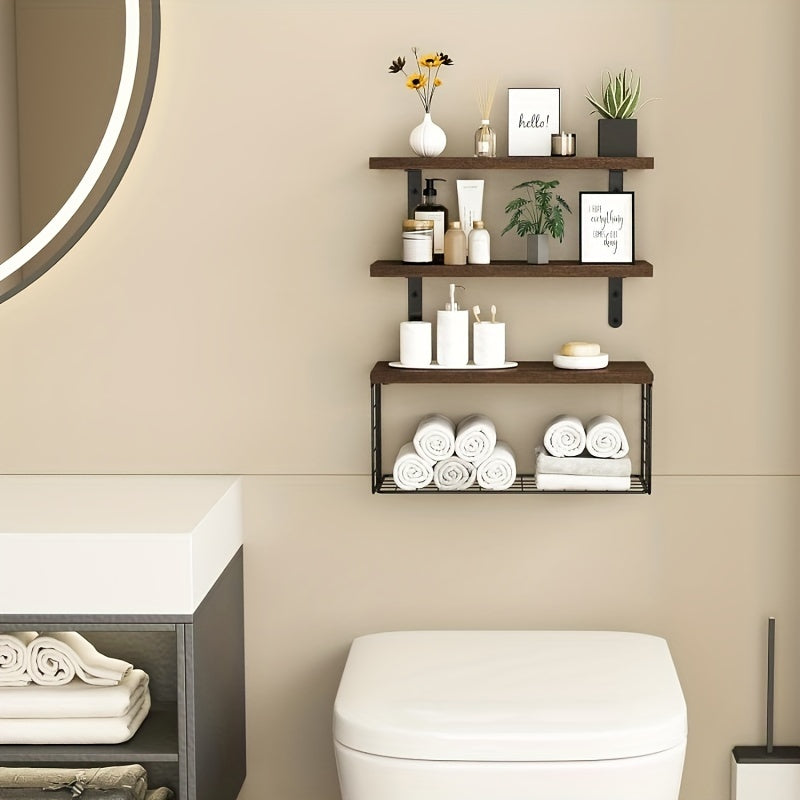 Wooden Bathroom Storage Rack with Paper Towel and Toilet Paper Baskets