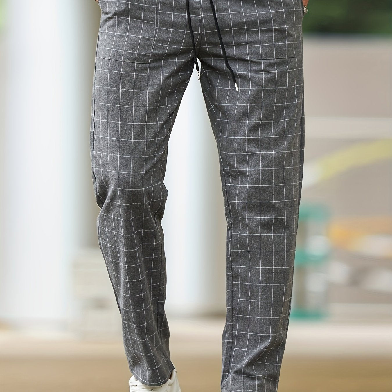 Men's Polyester Pants with Drawstring Waist Casual Striped Plaid Cropped Spring Fall