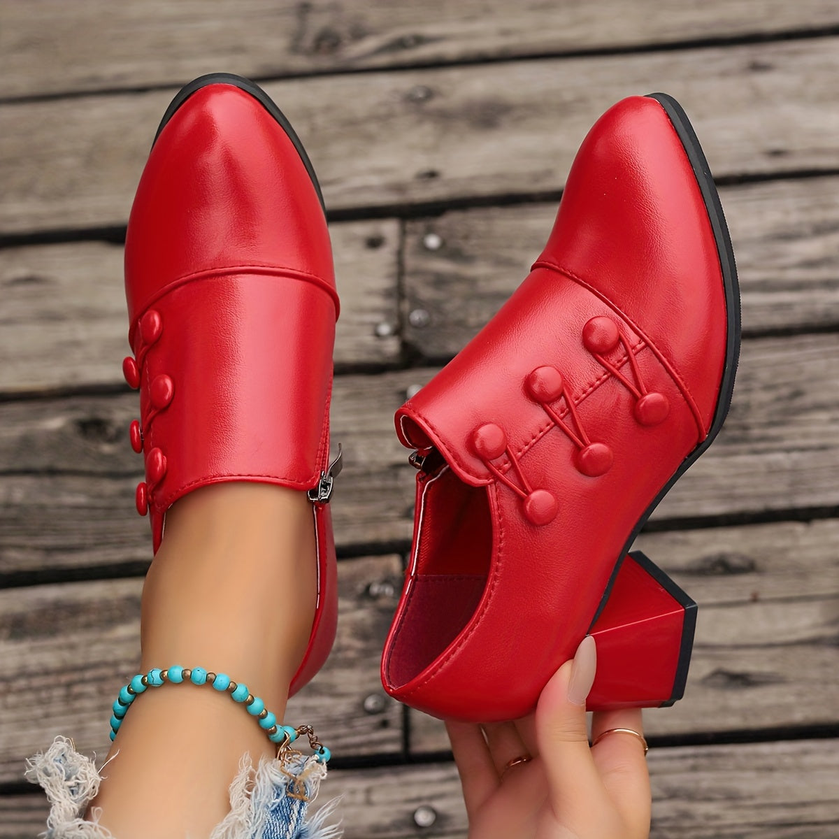 Women's Solid Color Block Heel Pumps with Side Zipper and Slip-On Design