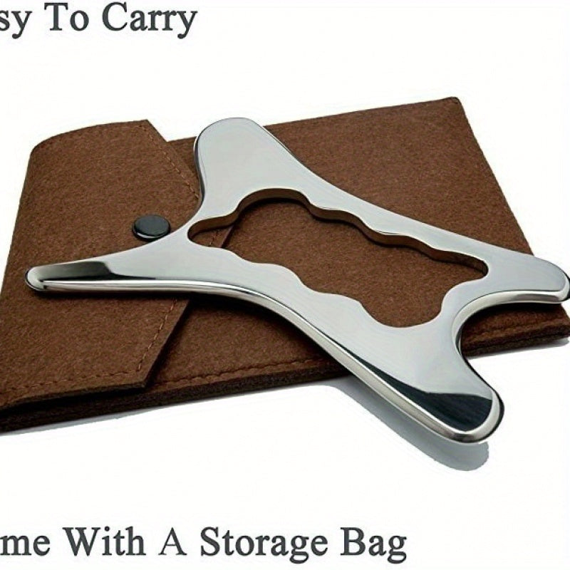 Herramienta de Gua Sha con forma de hueso de acero inoxidable para masaje facial y corporal con funda de imitación cuero