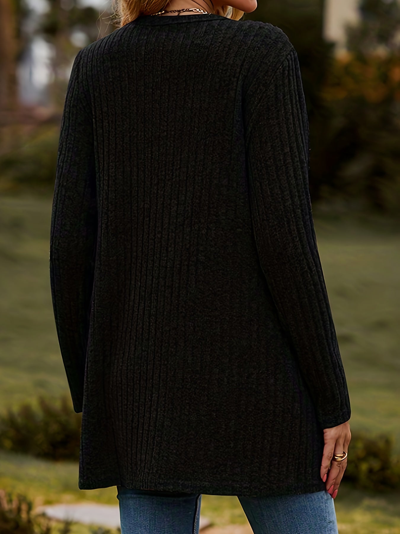 Plus Size Women's Black Knit Cardigan with V-Neck Button Front for Fall Winter