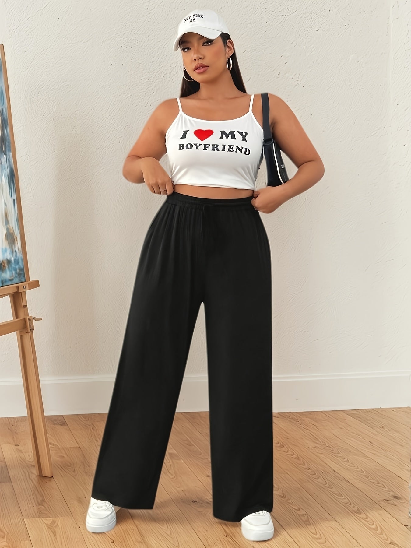 Women's Wide Leg Pants Elastic Black Casual Summer Trousers