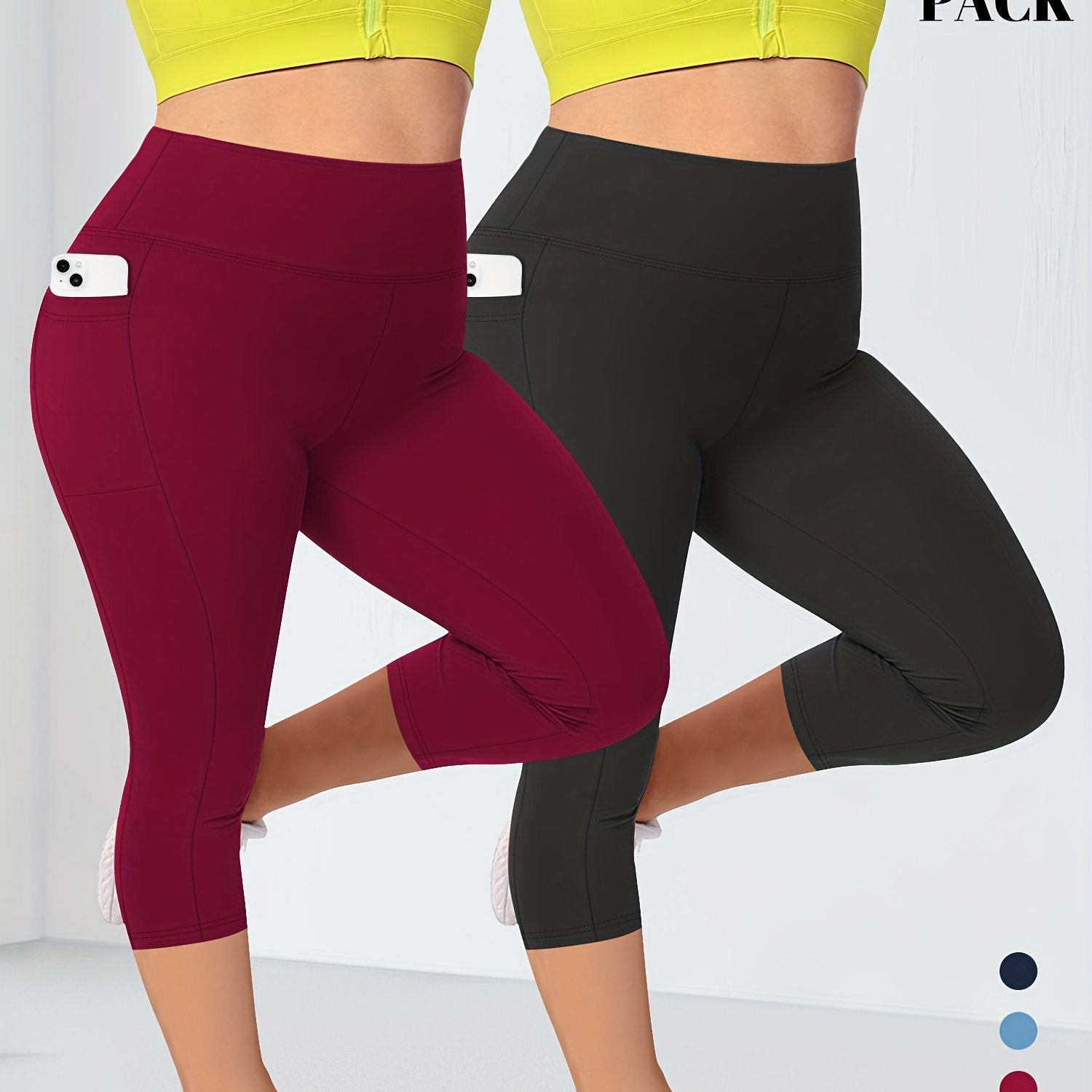 Plus Size Women's High-Waist Leggings 2-Pack with Pockets Stretchy Blue Black