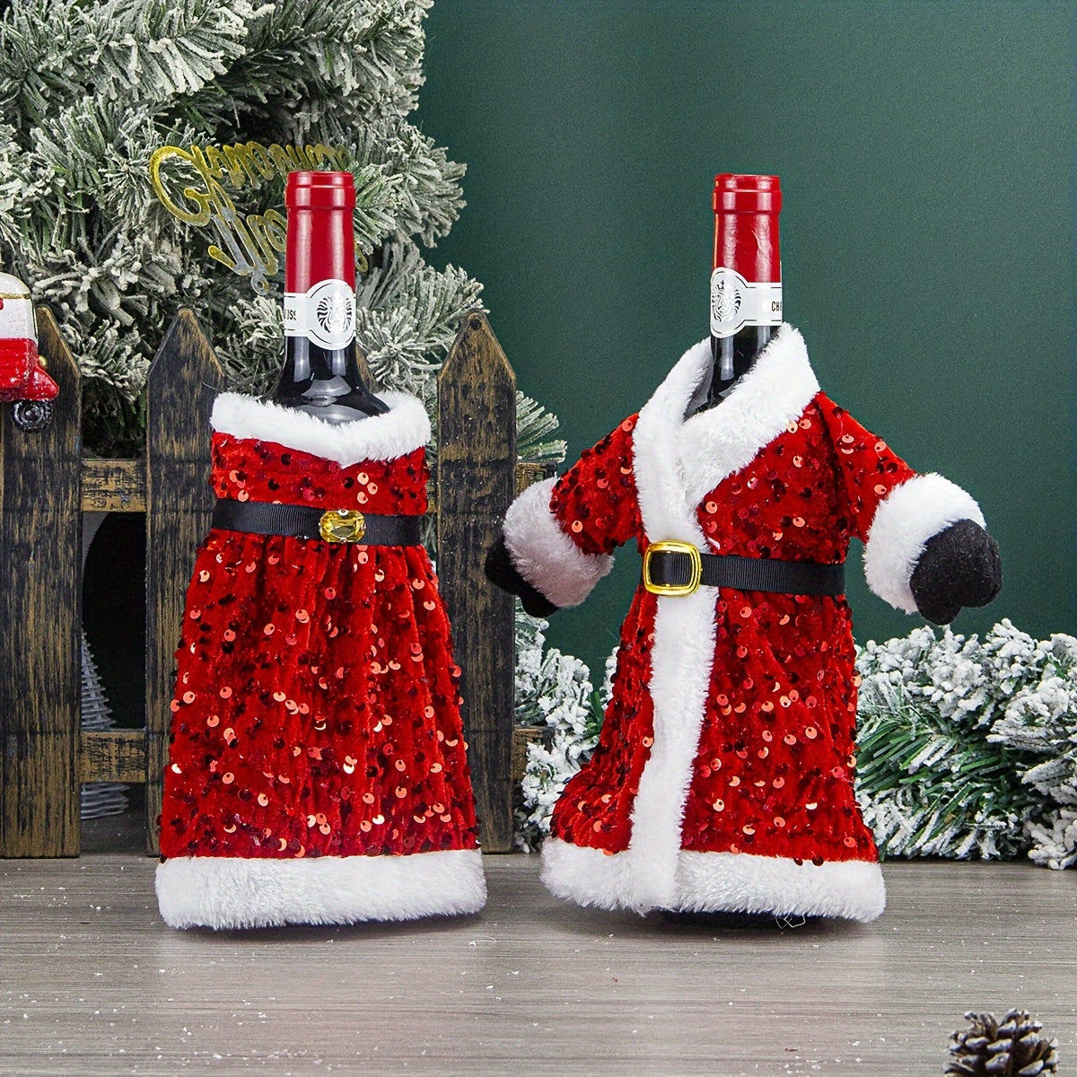 Set of 2 Festive Christmas Wine Bottle Covers with Sequined Attire Plush Hats Leak-Proof Sweater