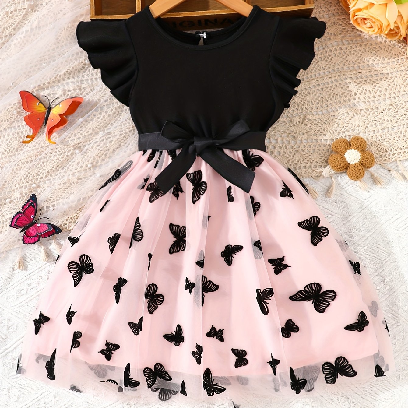 Girls' Casual Polyester Dress with Butterfly Tulle Overlay Ruffle Sleeves Crew Neck for Spring Summer Fall