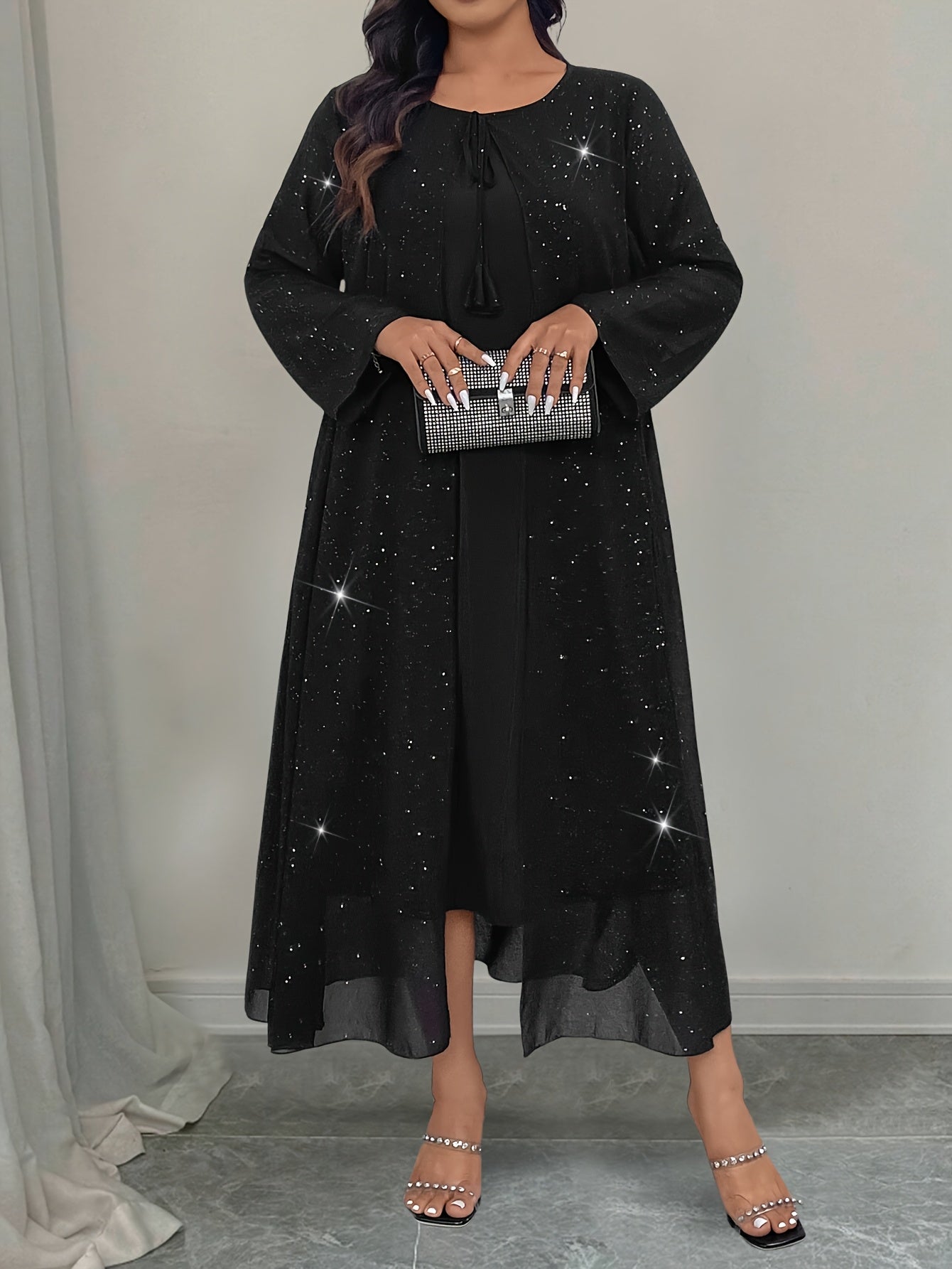 Vestido de poliéster ajustado para otoño e invierno con cuello redondo y color sólido