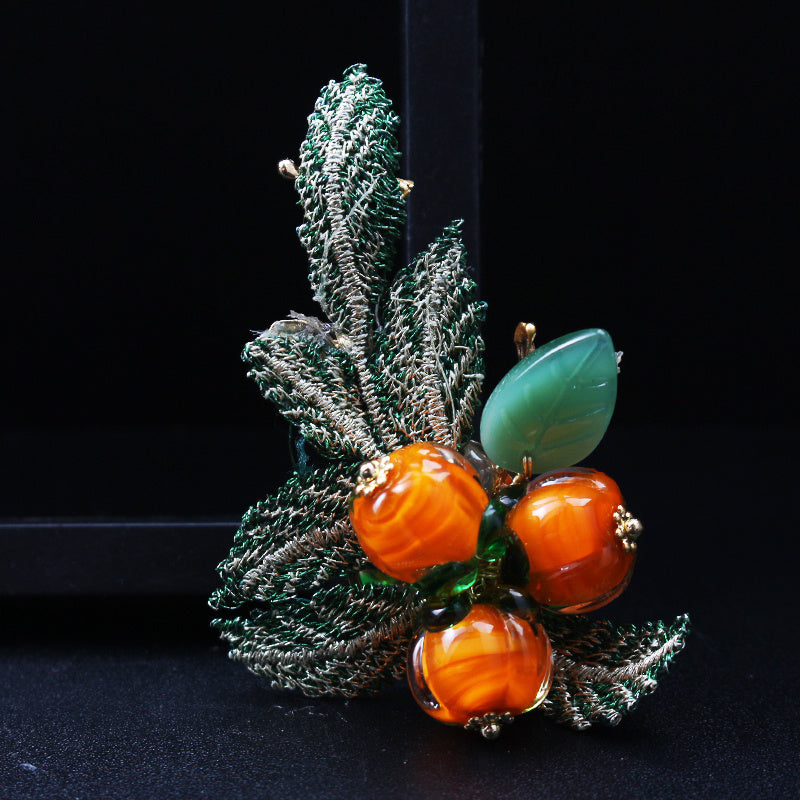 Handcrafted Brooch Pin with Vintage Style Irregular Shape Green Leaf Orange Accents Rhinestone Embellishments