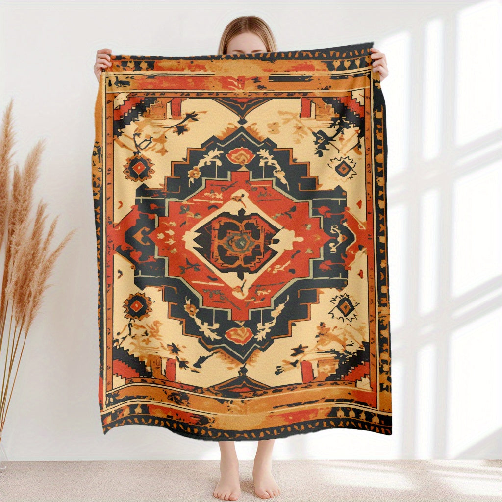 Knitted Polyester Flannel Throw Blanket with Ethnic Carpet Pattern for Sofa and Travel