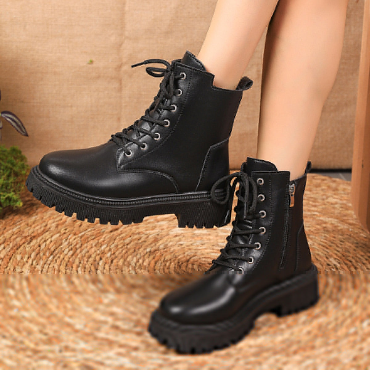 Women Black Platform Combat Boots Lettte Ankle Lace-Up Round Toe