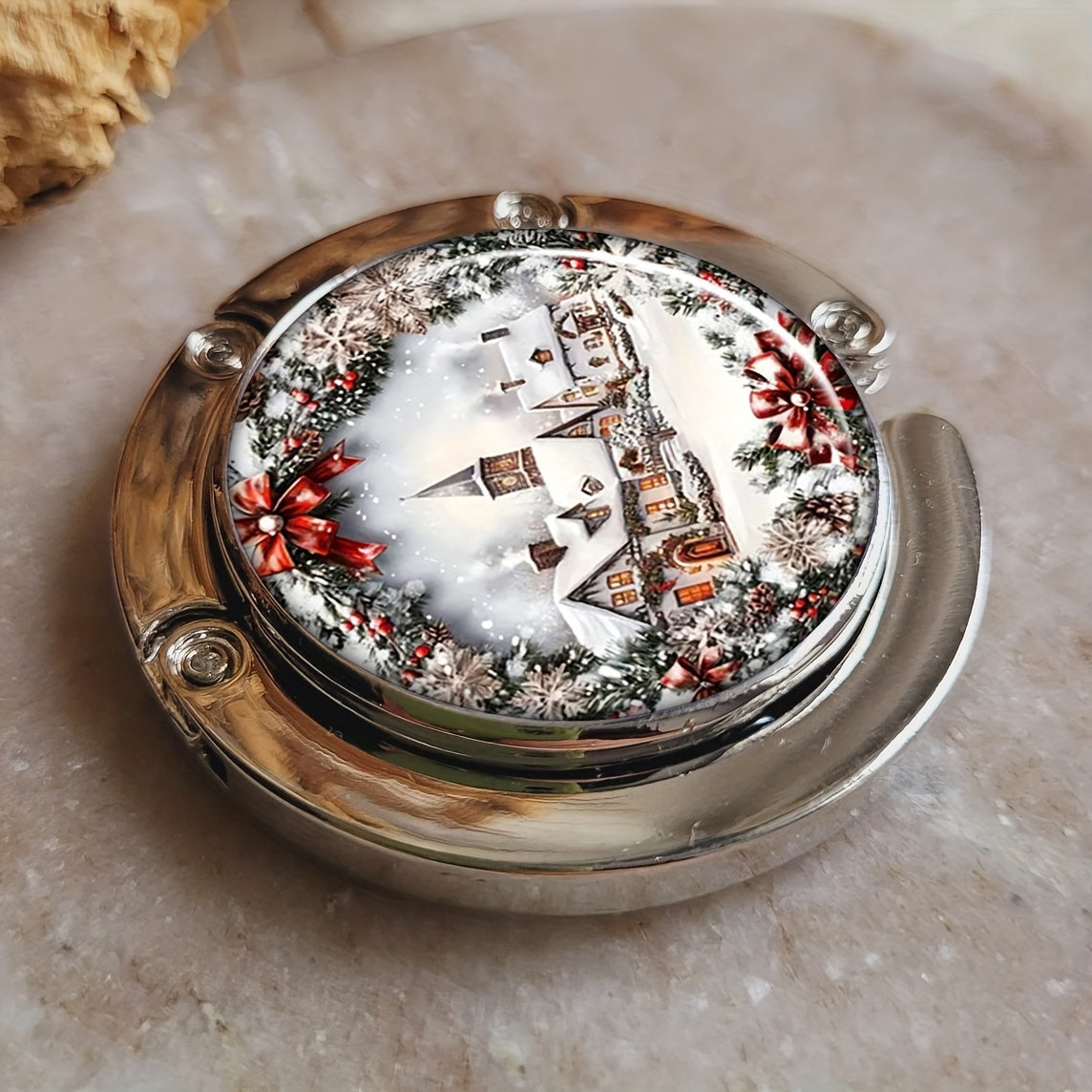 Portable Folding Purse Hook Table Accessory with Christmas Village Snow Scene Design