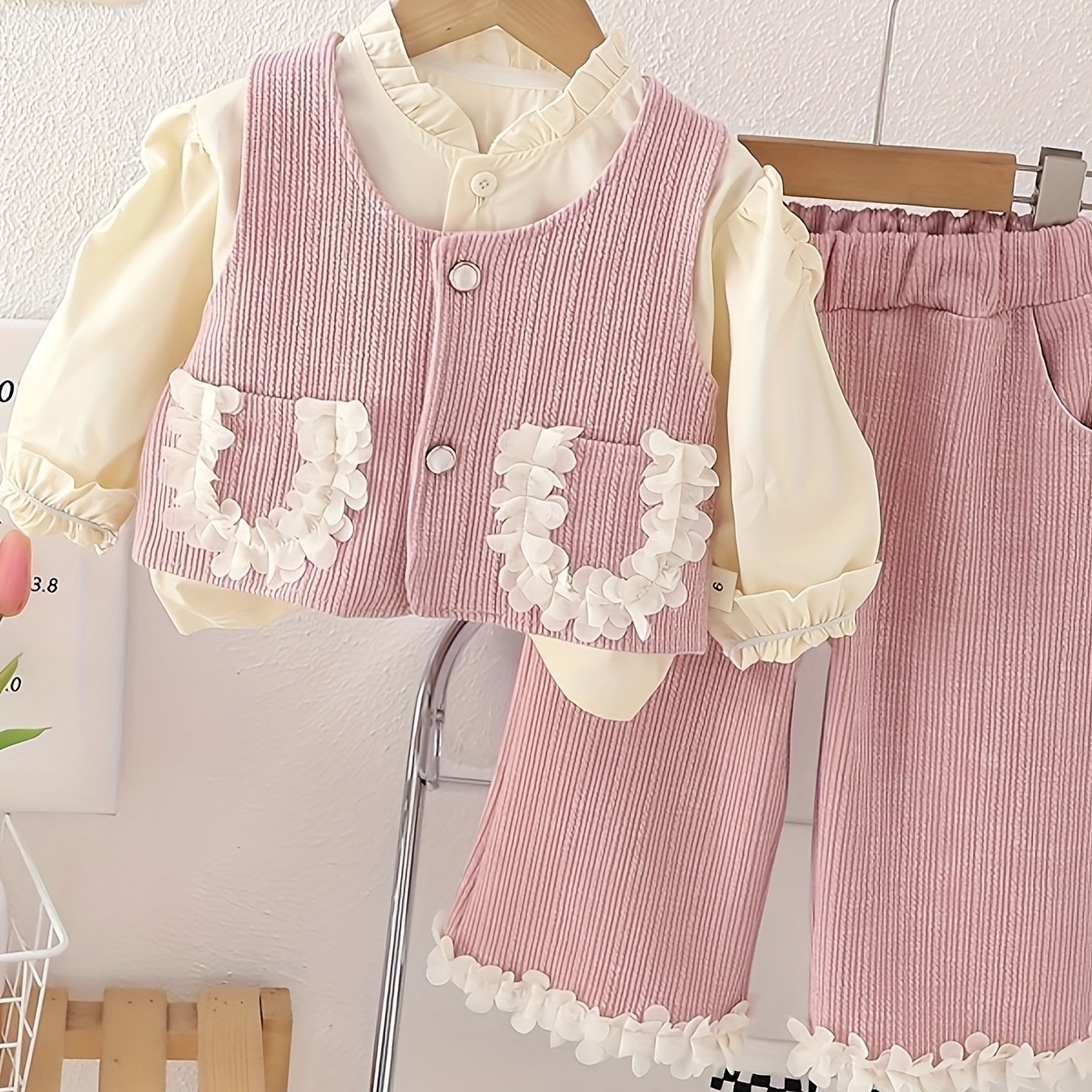 Girls Autumn Outfit Set Shirt Vest with Lace Pockets Trousers Cotton Blend Spring Fall Kids