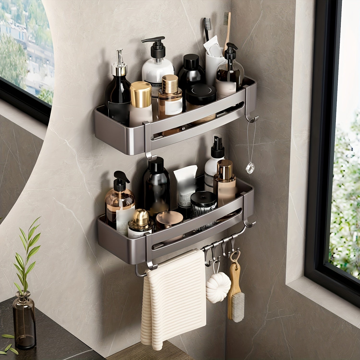 Wall-Mounted Bathroom Storage Rack Aluminum No-Drill Shower Shelf for Shampoo and Cosmetics