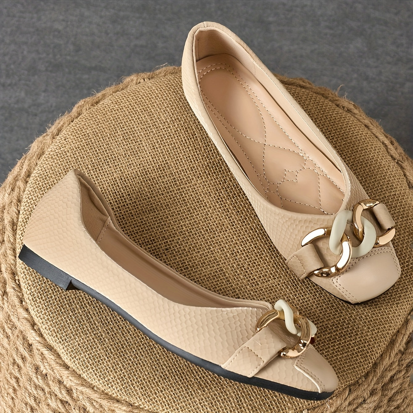 Women's Beige Slip-On Flats with Gold Chain Decor, Anti-Slip, Square Toe