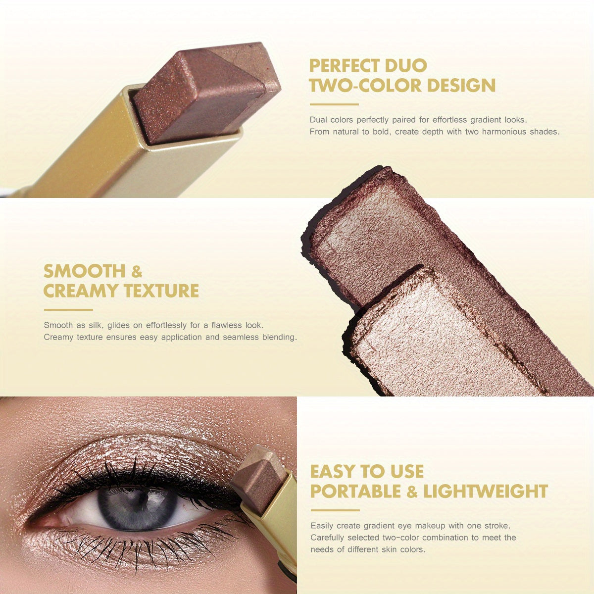 Barra de sombras de ojos de doble tono con perlas para mujer, a prueba de agua y de larga duración