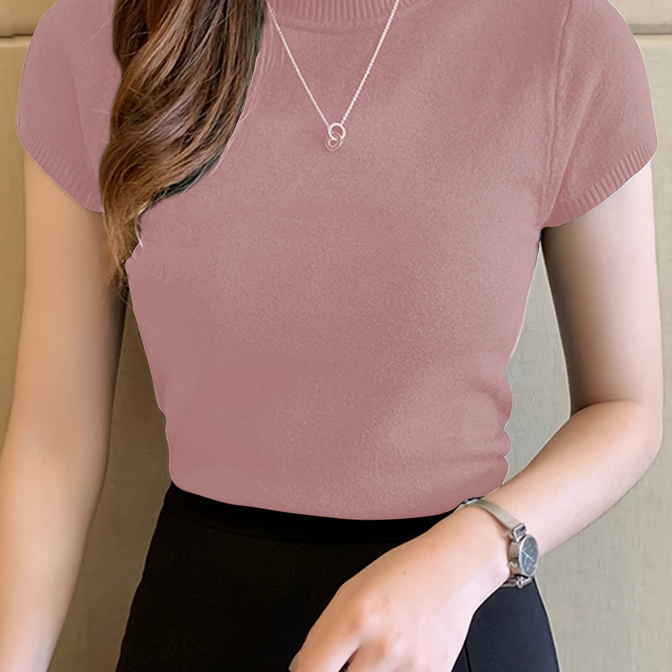 Women's Solid Knit Mock Neck Sweater Short Sleeve Casual Slim Fit All Season