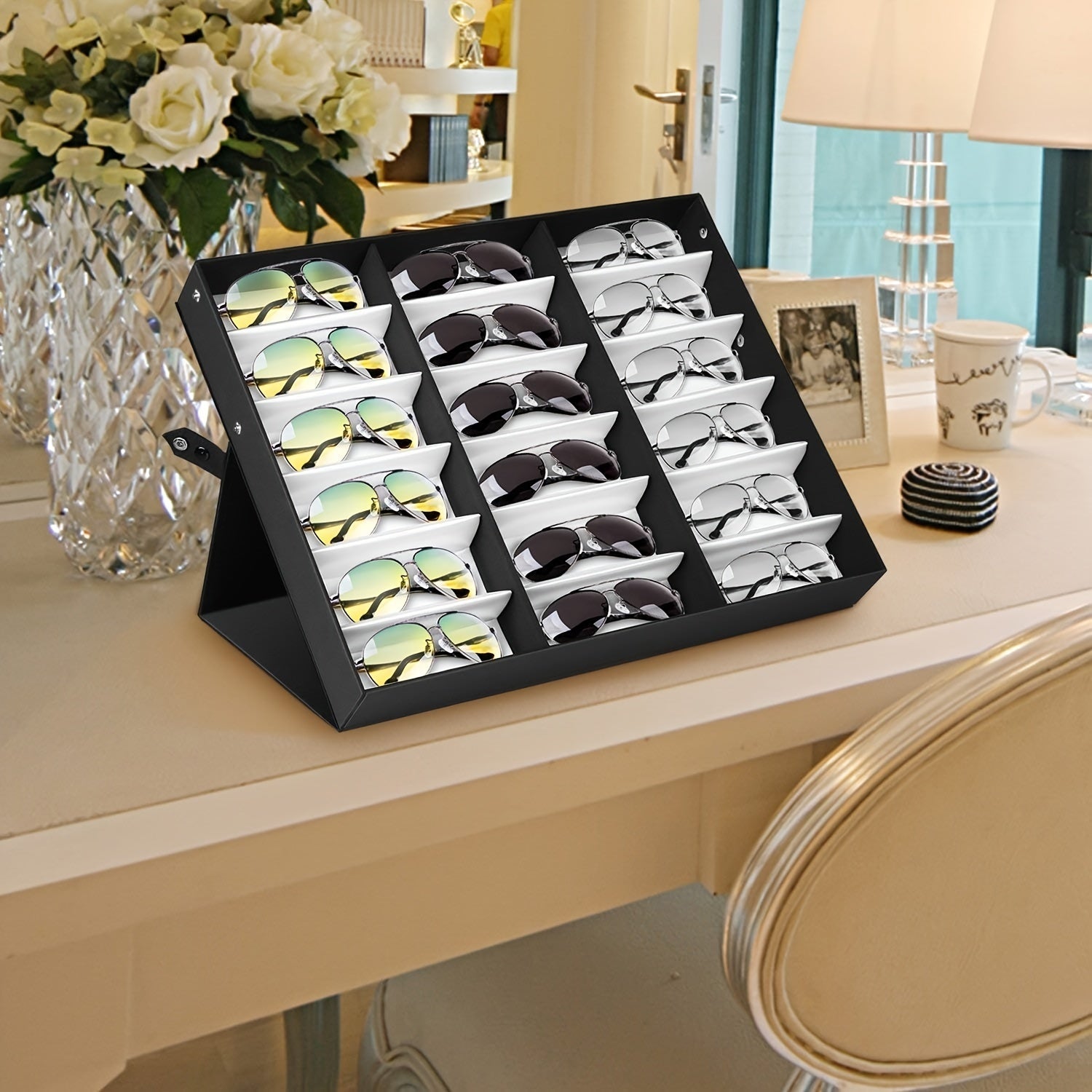 Upgraded 18-Slot Glasses Organizer with Clear Lid Fabric Lining and Snap Closure