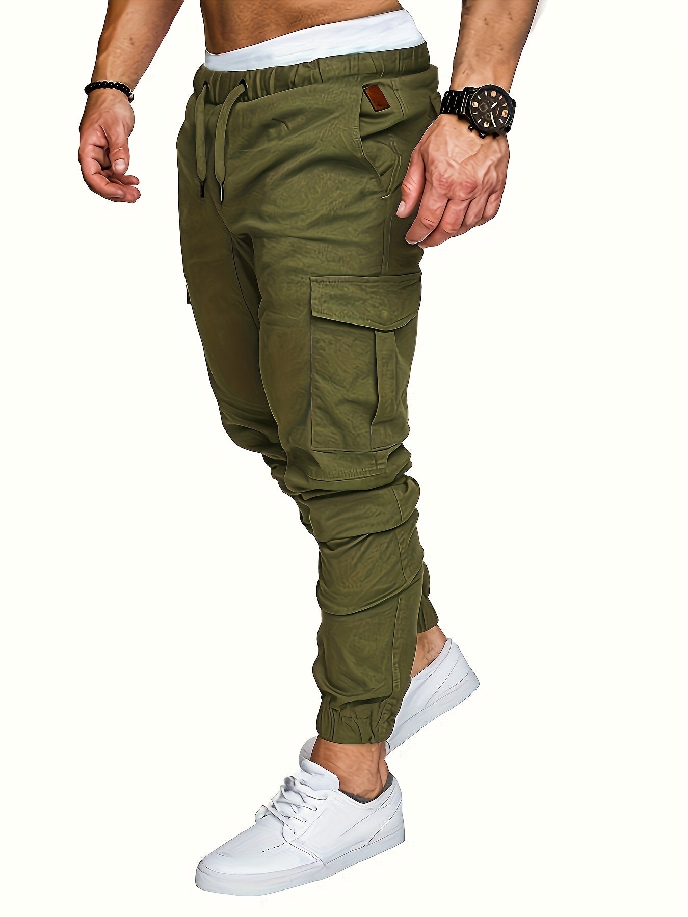 Men's Cotton Cargo Pants Solid Color Regular Fit Non-Stretch All-Season Drawstring Waist