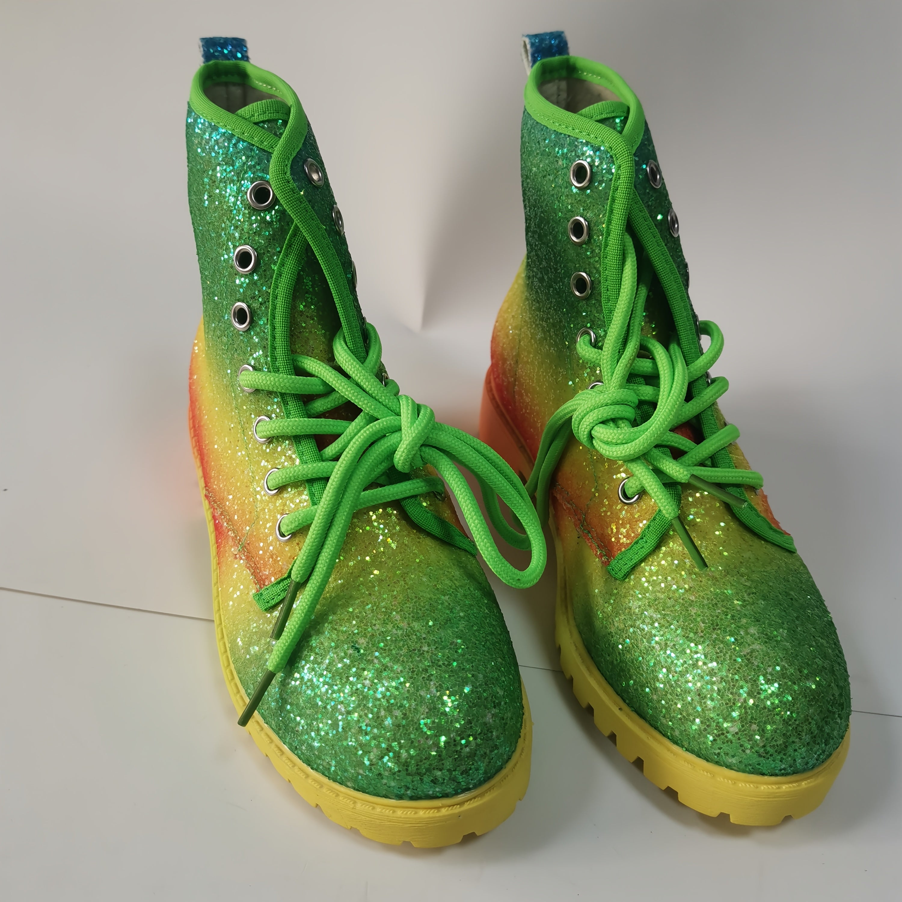 Women's Colorful Gradient Print Platform Ankle Boots with Glitter Accents