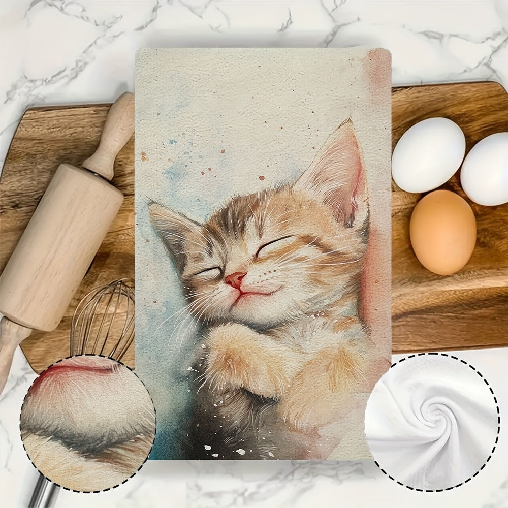 Set of 2 Ultra-Soft Kitchen Towels with Dreaming Kitten Design, Highly Absorbent