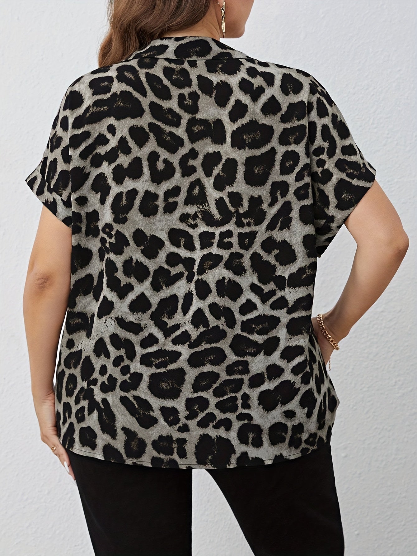 Plus Size Leopard Print V-Neck Blouse for Women Casual Polyester Top for Work