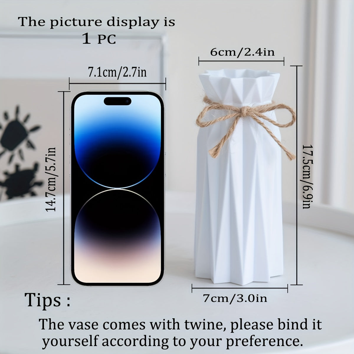 White Plastic Origami Vase 17.5cm Imitation Porcelain Tabletop Decor with Twine