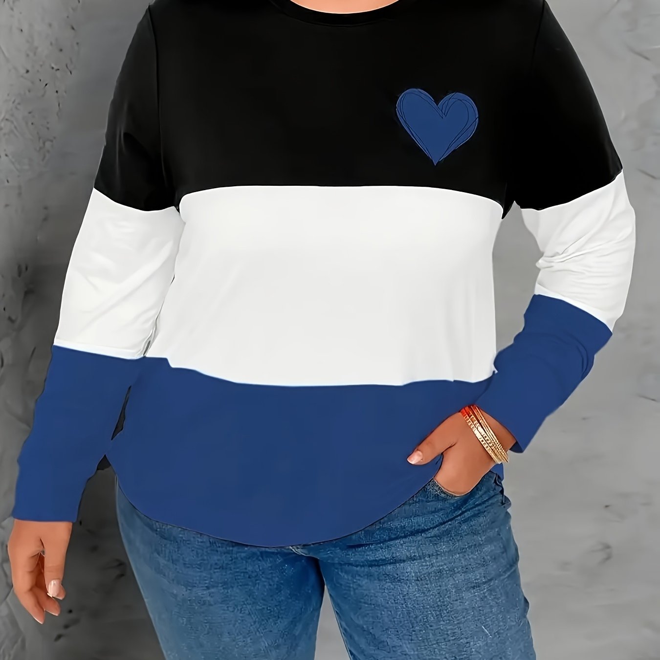 Plus Size Women's Color-Block Long Sleeve Top Polyester Blend Round Neck Casual Wear